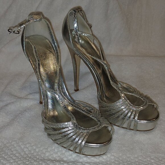 Aldo Shoes - Aldo Silver Leather Open Toe Ankle Strap Heels